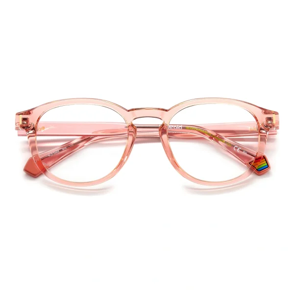 A pair of eyeglasses with pink translucent frames and round lenses, featuring a subtle cat-eye shape and a smooth, glossy finish, reflecting the sleek design of the POLAROID CORE PLD D452 09R6 00.