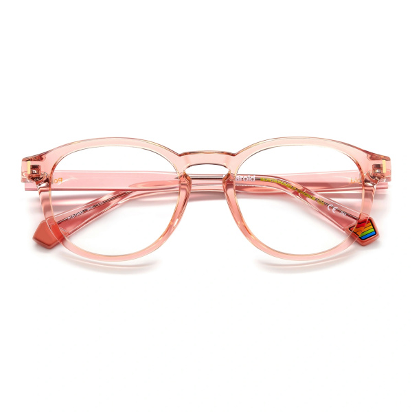 A pair of eyeglasses with pink translucent frames and round lenses, featuring a subtle cat-eye shape and a smooth, glossy finish, reflecting the sleek design of the POLAROID CORE PLD D452 09R6 00.